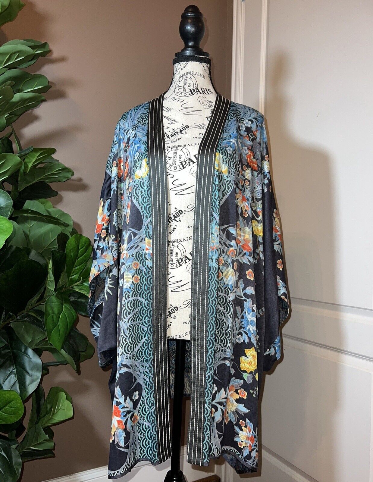 Johnny Was XXL Kimono Duster REVERSIBLE Wrap Cardigan Jacket Dragon Blues