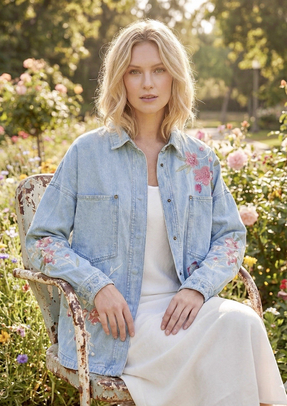 Johnny Was XL Denim Jacket Shacket Coat Embroidered Roses Light Wash Johnny Was