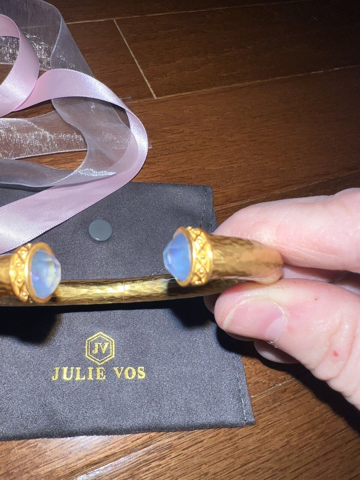 Julie Vos Hinged Bangle Bracelet Blue Iridescent Glass 24k Gold Plated