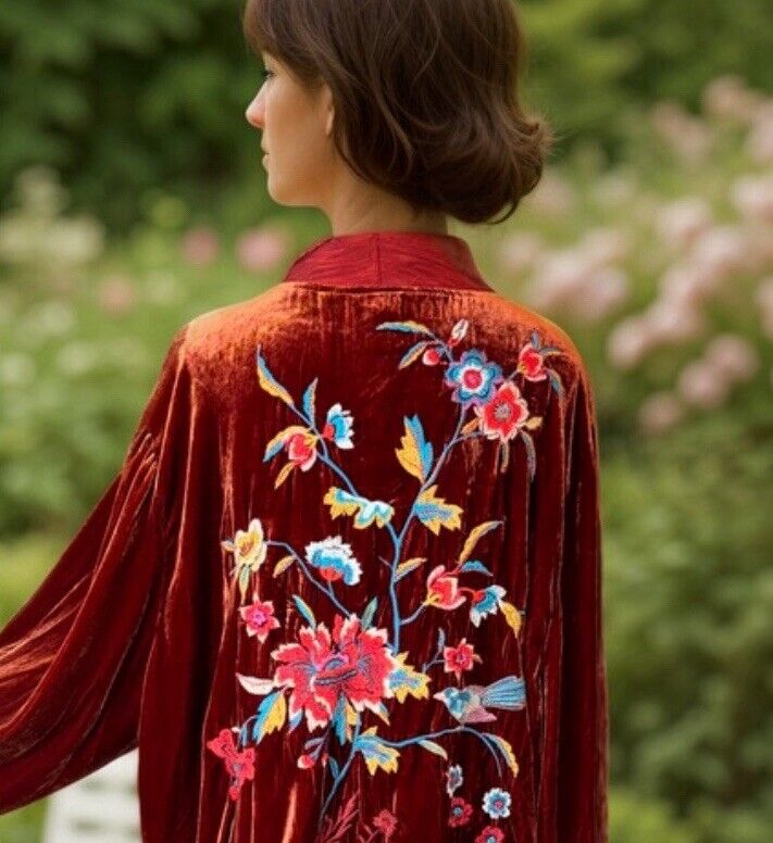 Johnny Was 3X Wine Red Velvet & Silk Kimono Wrap Embroidered Cardigan Jacket