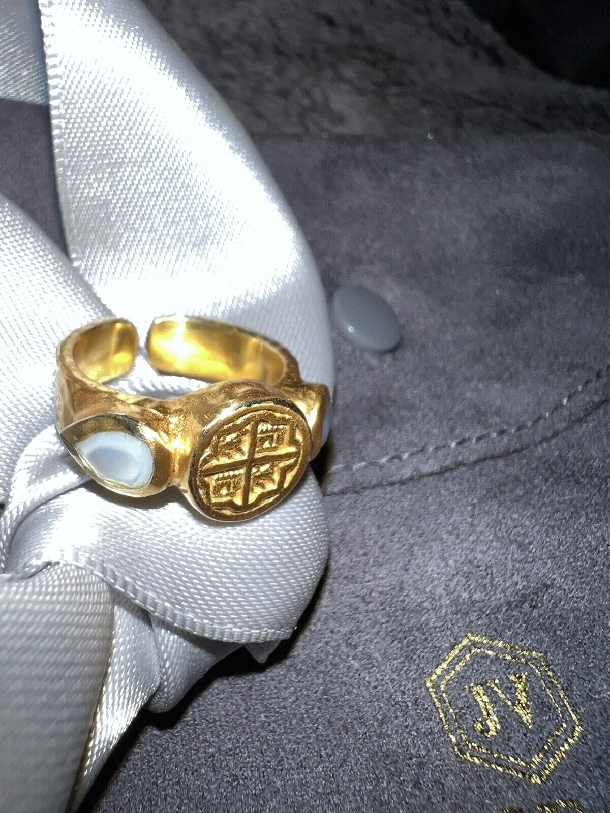 Julie Vos Ring w/ Moonstones & Seal Adjustable Sz 6