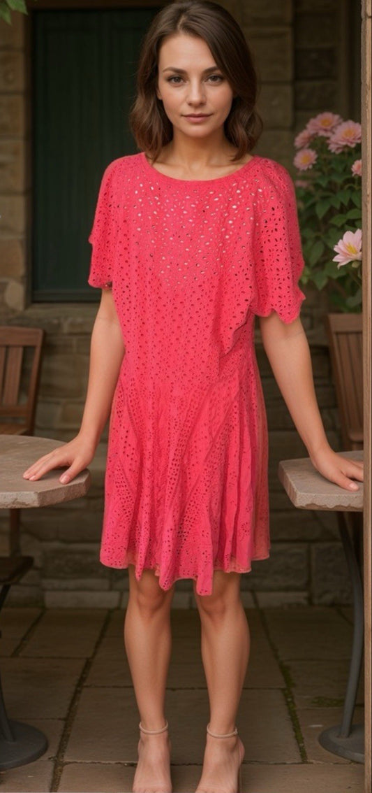 Johnny Was 1X Red Shift Mini Dress & Slip Eyelet Lace Knee Length Cool Light Johnny Was