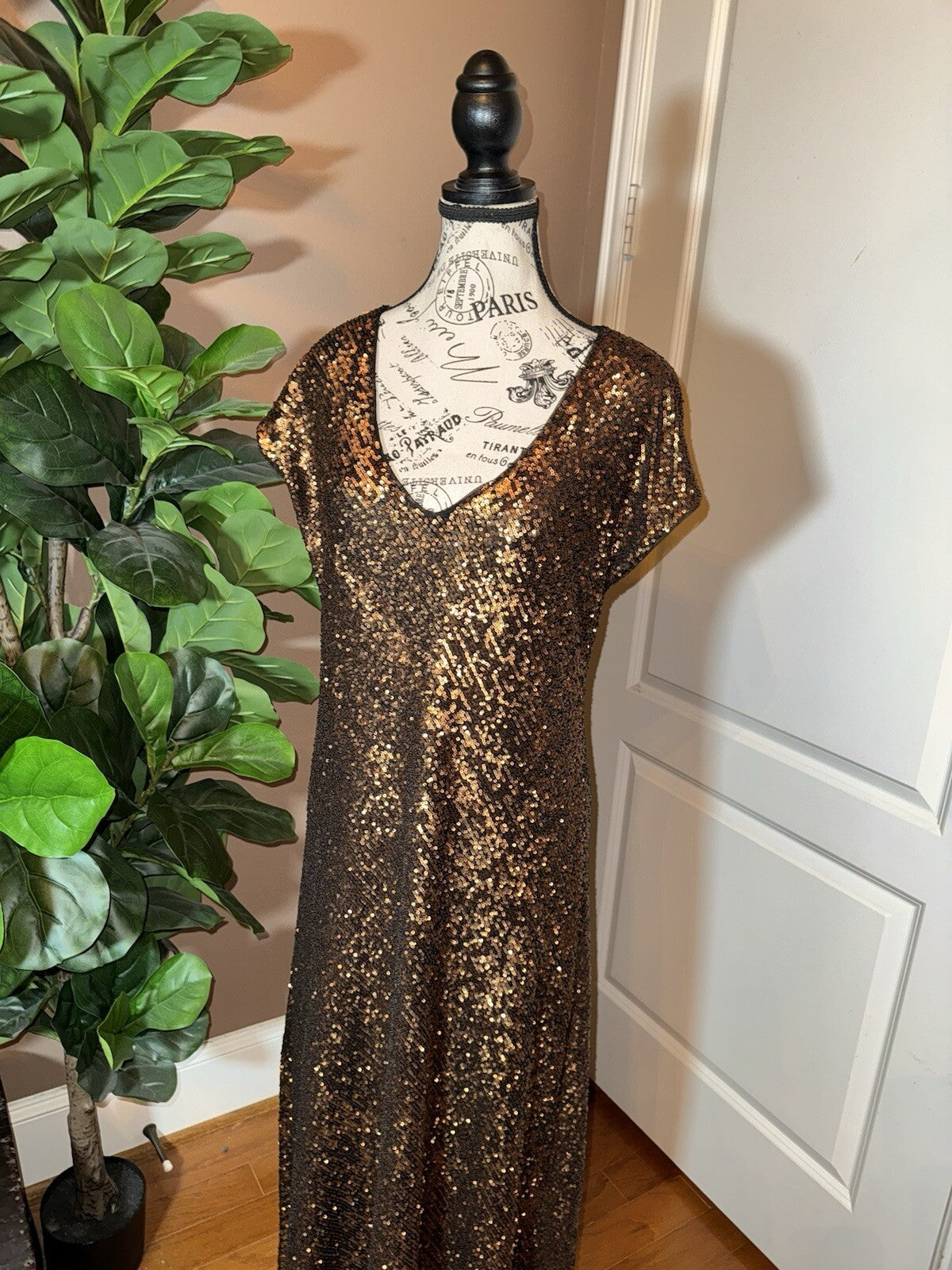 Johnny Was Gold XL Sequin Maxi Dress Long Flowy Mesh Slip Sequins Party Johnny Was