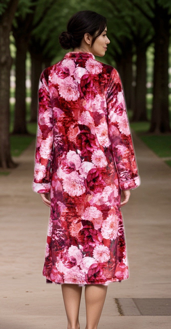 Johnny Was L Large Red Roses Zip Up Robe Bathrobe Housecoat Soft & Warm Johnny Was