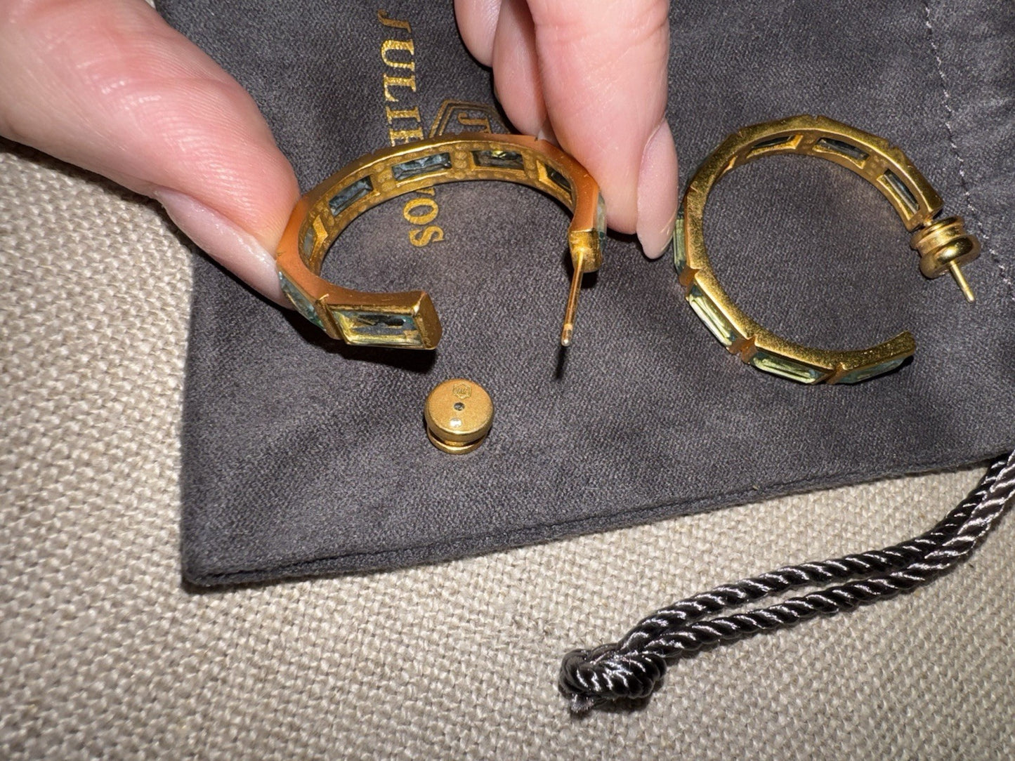 Julie Vos Baguette Clear Blue & 24k Gold Plated Hoop  Earrings 1.25” Julie Vos