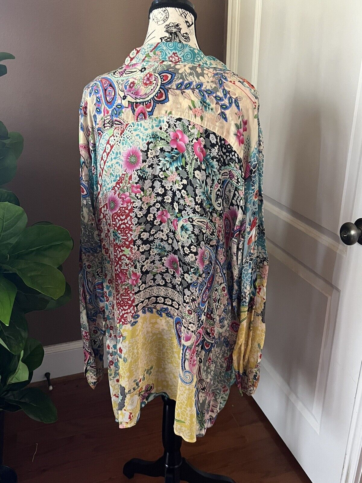 Johnny Was 3X Silky Blouse Top Long Sleeve Shirt Button Up Gorgeous Floral Tunic