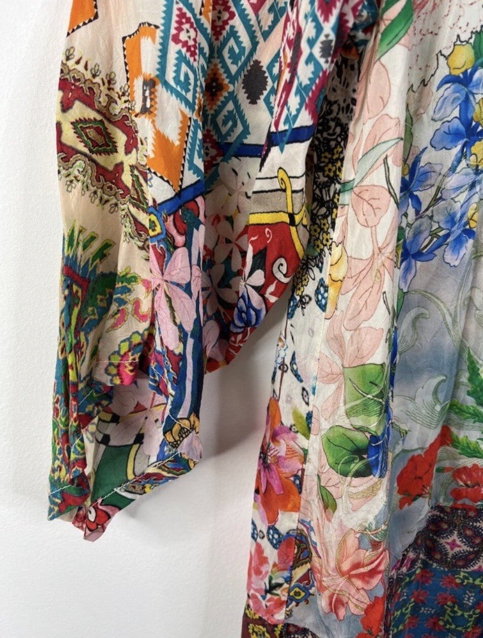 Johnny Was L Silky Kimono Wrap Patchwork Duster Jacket Cool Lightweight BOHO Johnny Was