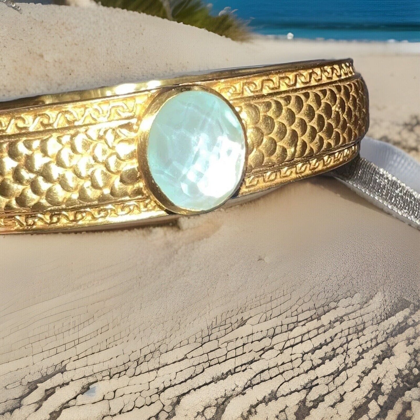 Julie Vos Hinged Bangle with Bahamian Blue Stone & 24k Plated  RETIRED