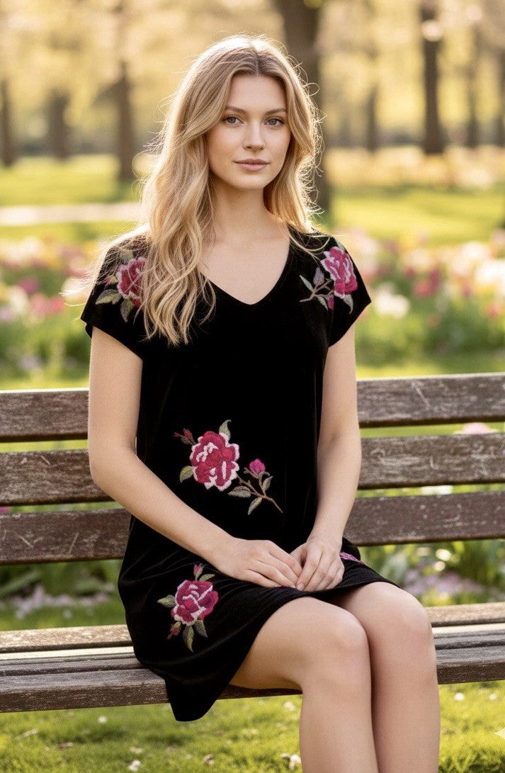 Johnny Was L Black & Pink Velvet Shift Mini Dress Embroidered Floral Tunic Top Johnny Was