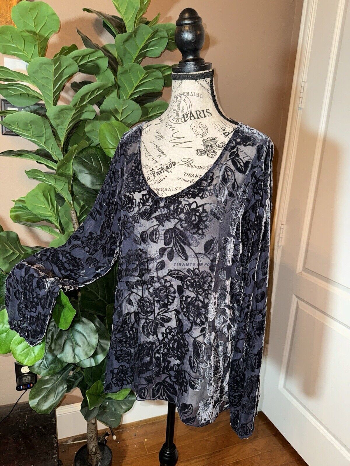 Johnny Was L Large Blue Burnout Velvet Tunic Top Sheer Floral Blouse Shirt