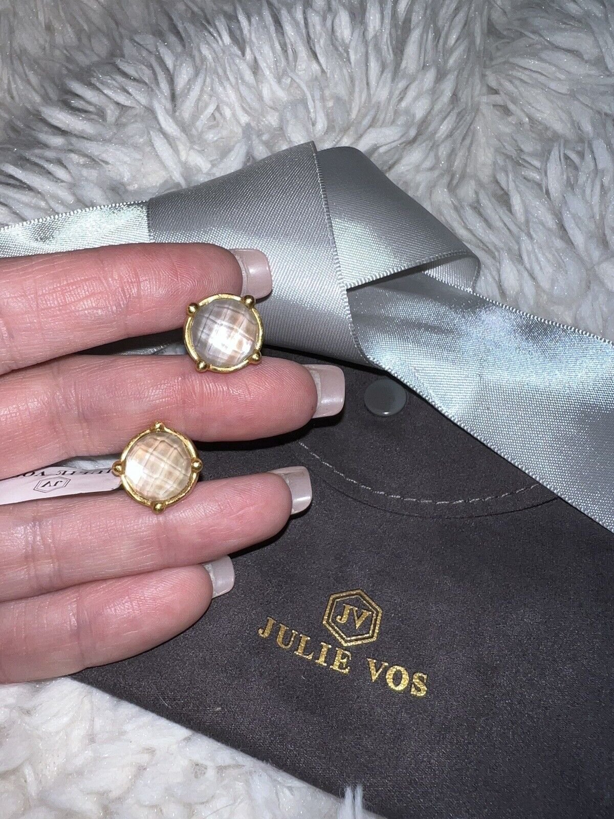 NEW Julie Vos Stud Earrings White/Clear Iridescent Stones & 24k Gold Plate NWT