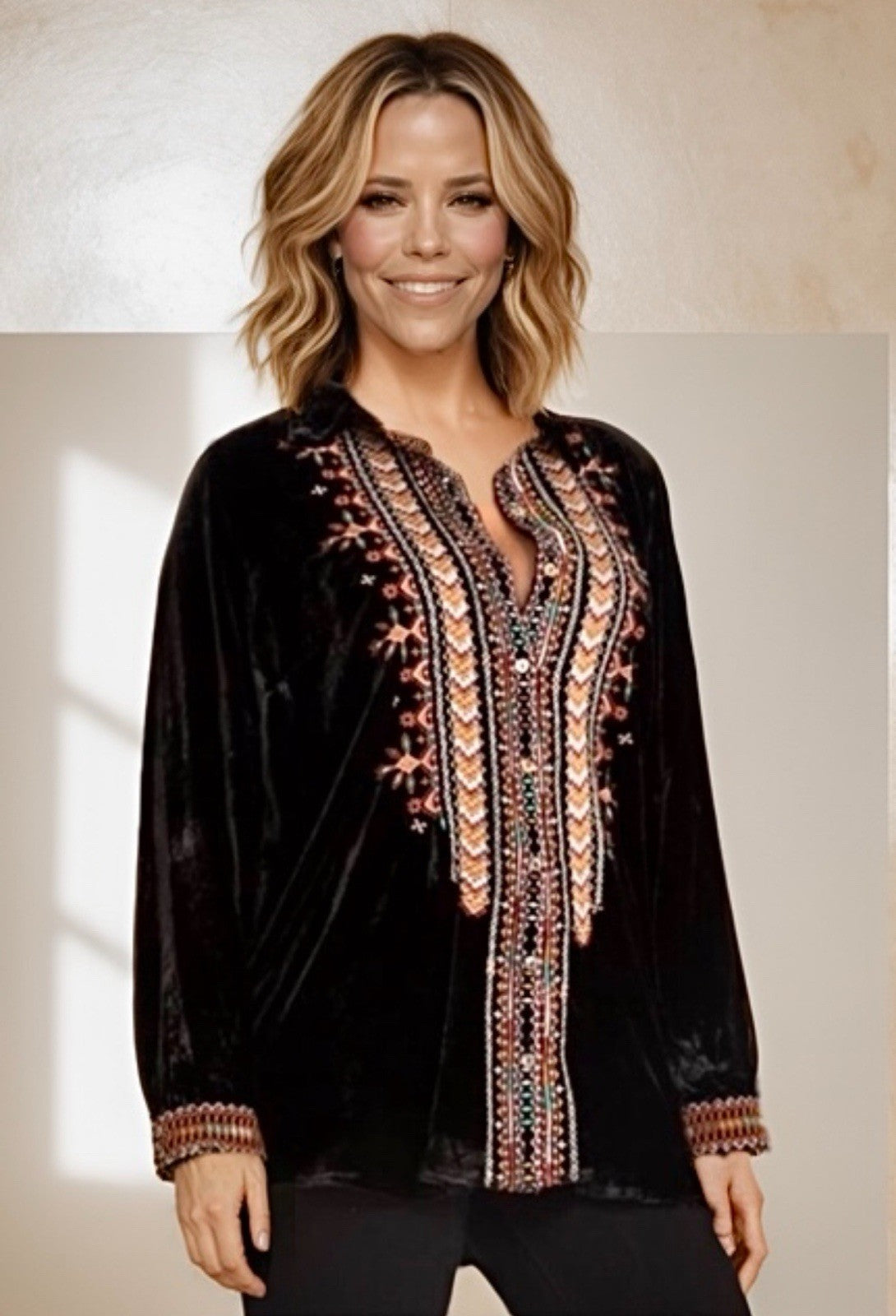 Johnny Was 2X Plus Black Velvet Button Up Shirt Top Embroidered Long Sleeve BOHO - Boho Beauty Boutique