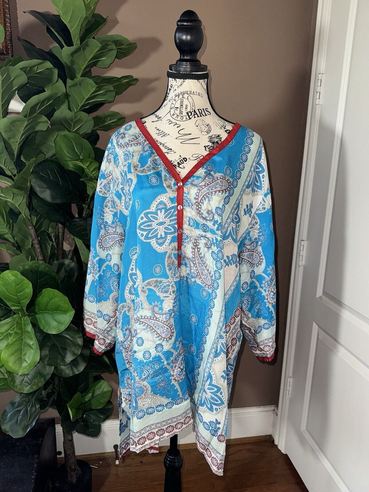 Johnny Was XXL 2X 2XL 100% Silk Long Sleeve Tunic Top Kimono Red White Blue