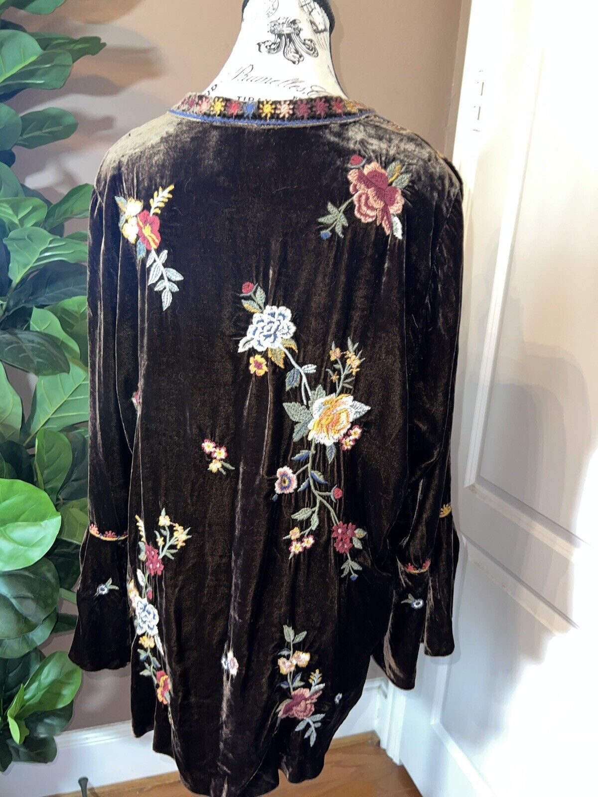 Johnny Was BOHO Brown Velvet Peasant Tunic Top Kimono sleeves L Large