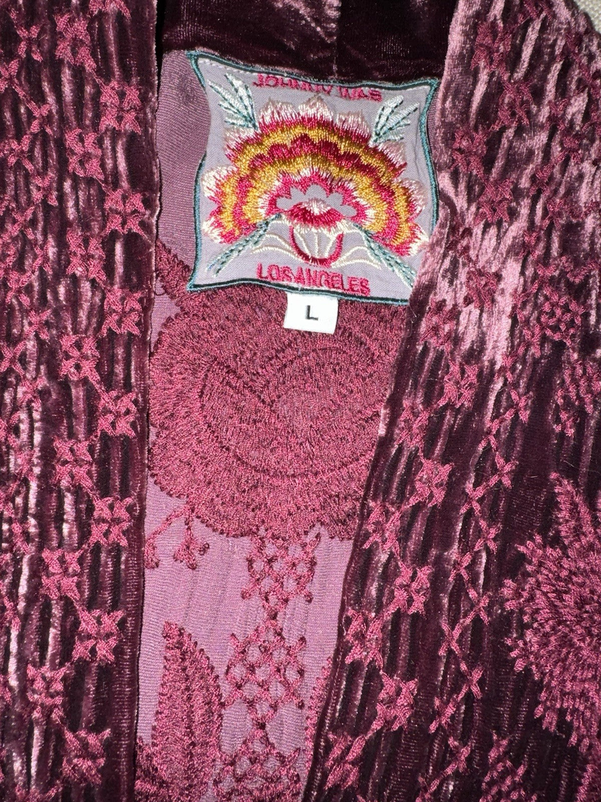 Johnny Was L Wine Red Velvet Kimono Wrap Embroidery Cardigan Lightweight Jacket Johnny Was