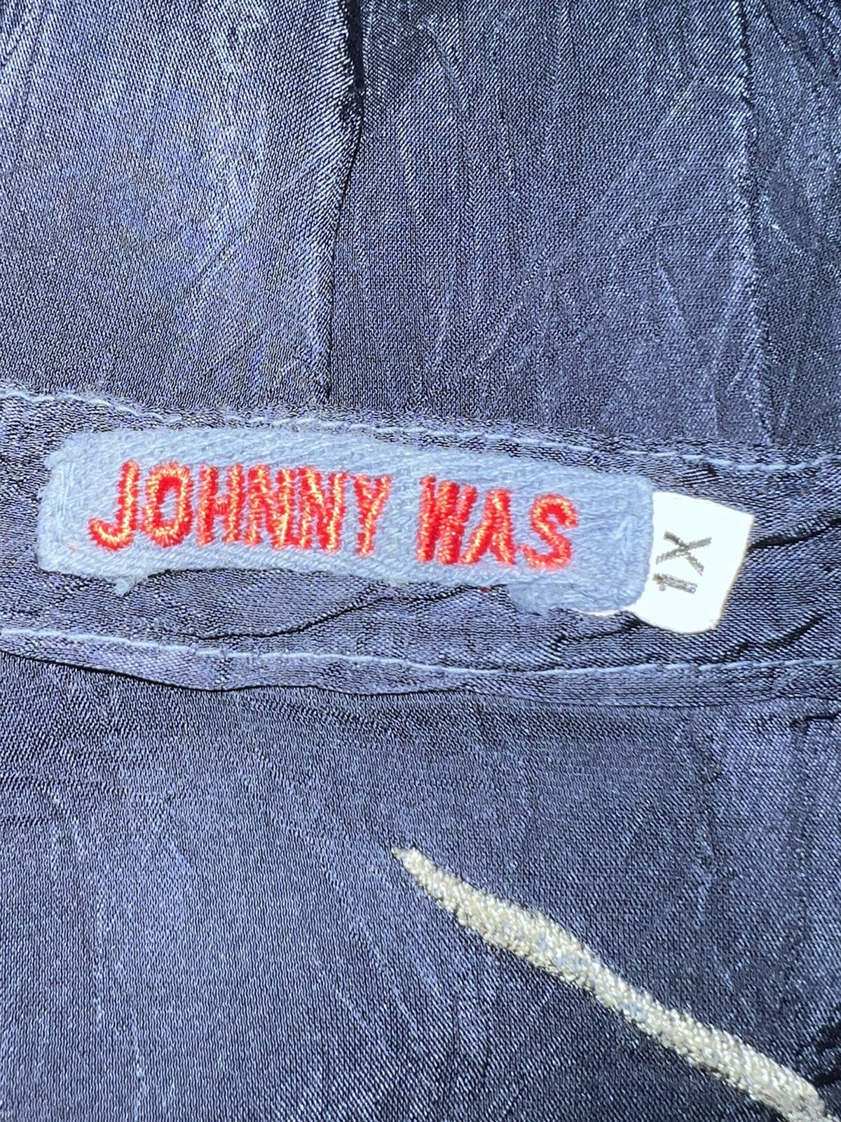 Johnny Was 1X Navy Blue Embroidered Tunic Top Blouse Silky Shirt Lightweight Johnny Was