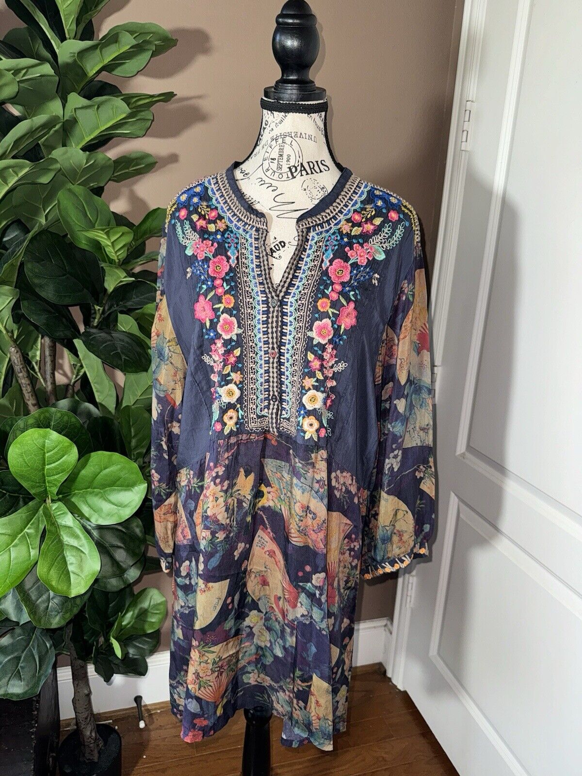 Johnny Was Silky Asian Fan Mini Dress Or Tunic Top Embroidered Sz XXL 2X 2XL