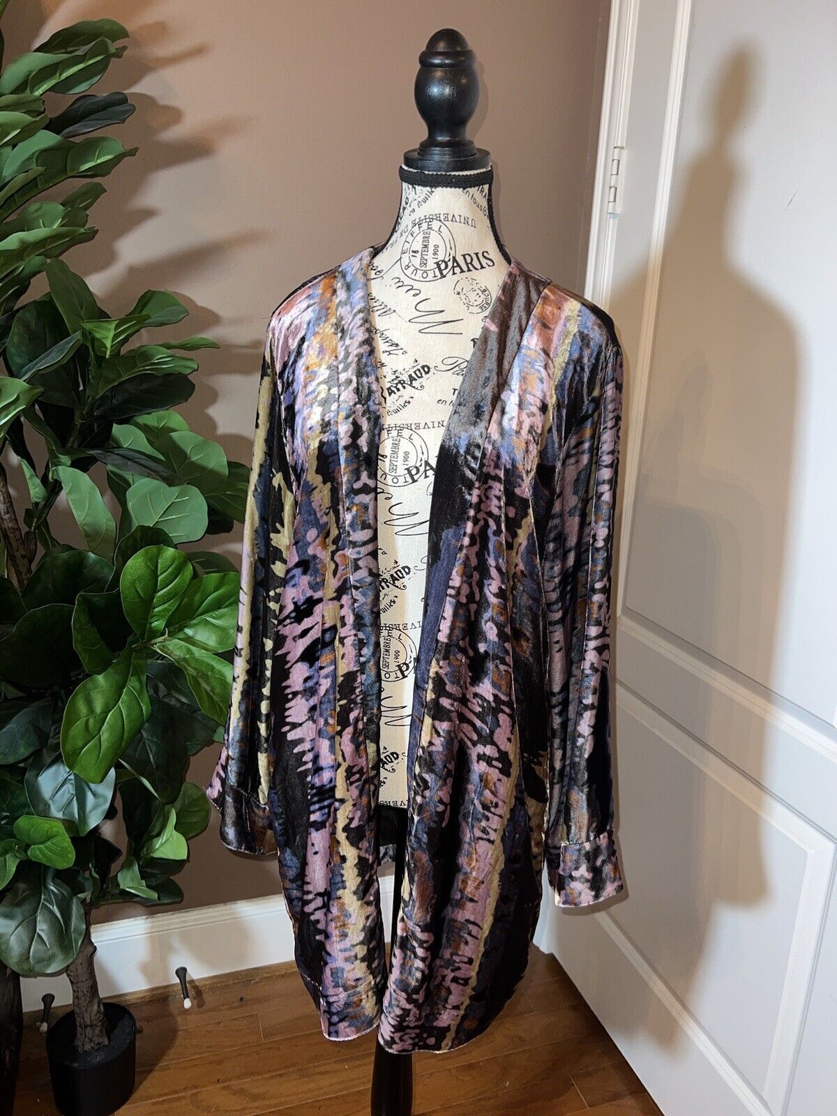 Johnny Was L Velvet Silk Lined Kimono Wrap Jacket Purple Blue Gold Artsy