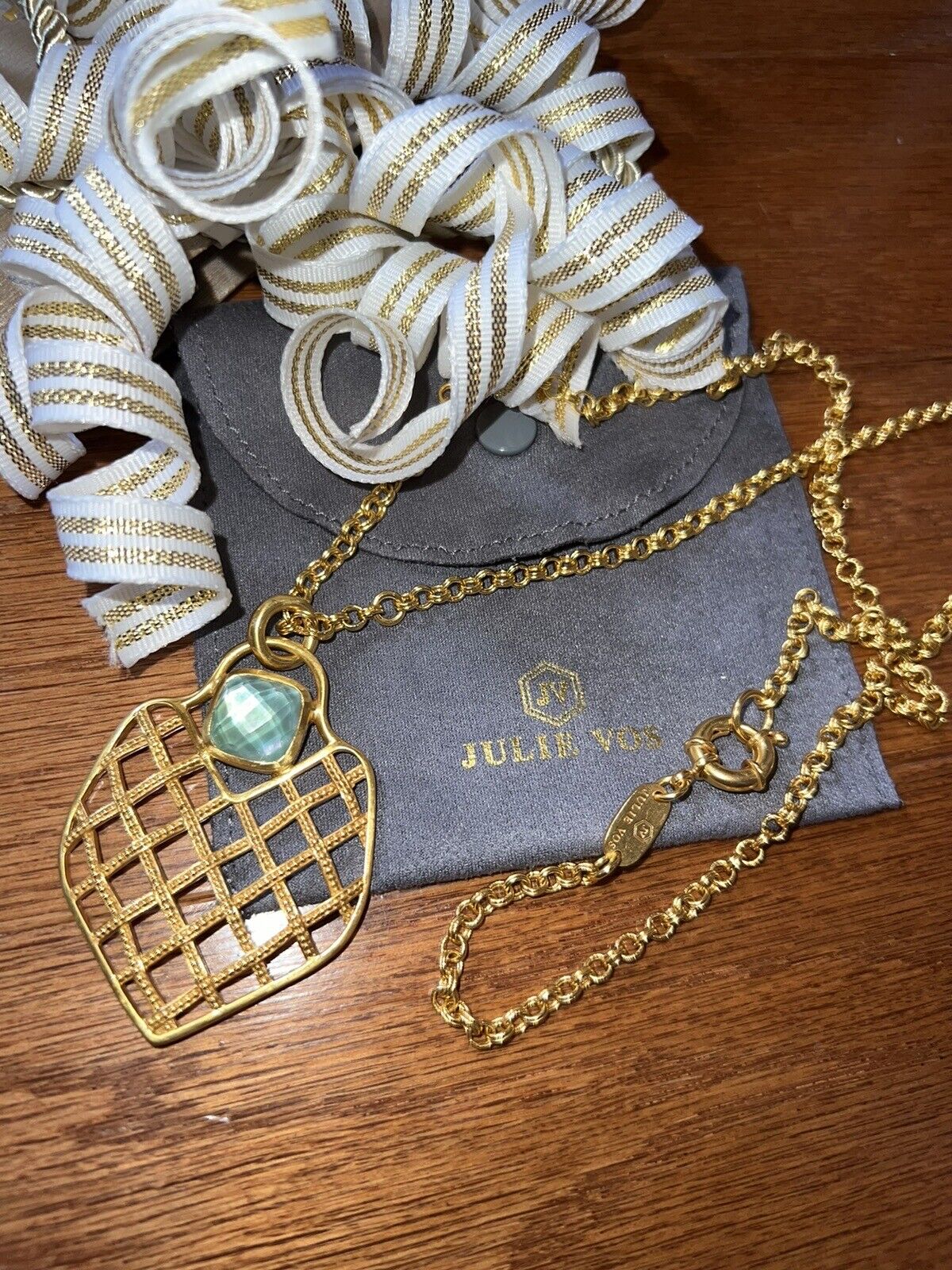 Julie Vos NECKLACE Basketweave 24k Gold Plate Pendant Iridescent Blue/Green