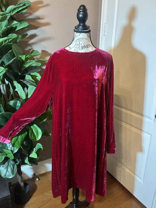 Eileen Fisher Red Velvet MIDI Dress Beautifully Soft L Large  MSRP $398