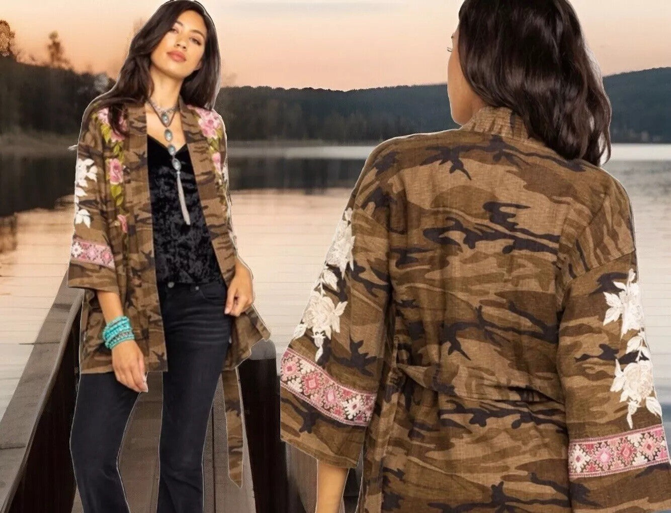 Johnny Was XL Linen Camo Embroidered Kimono Top Wrap Jacket Coat *NO BELT Johnny Was