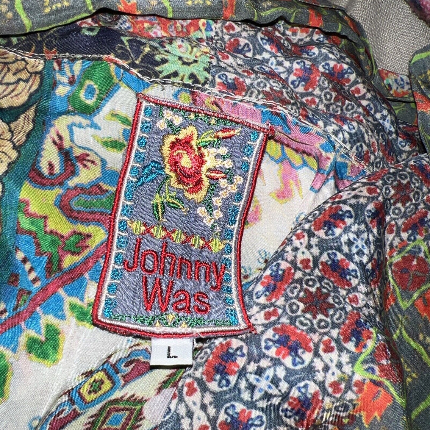 Johnny Was Silky Floral Kimono Wrap Cardigan Sz L Large Embroidered Pockets