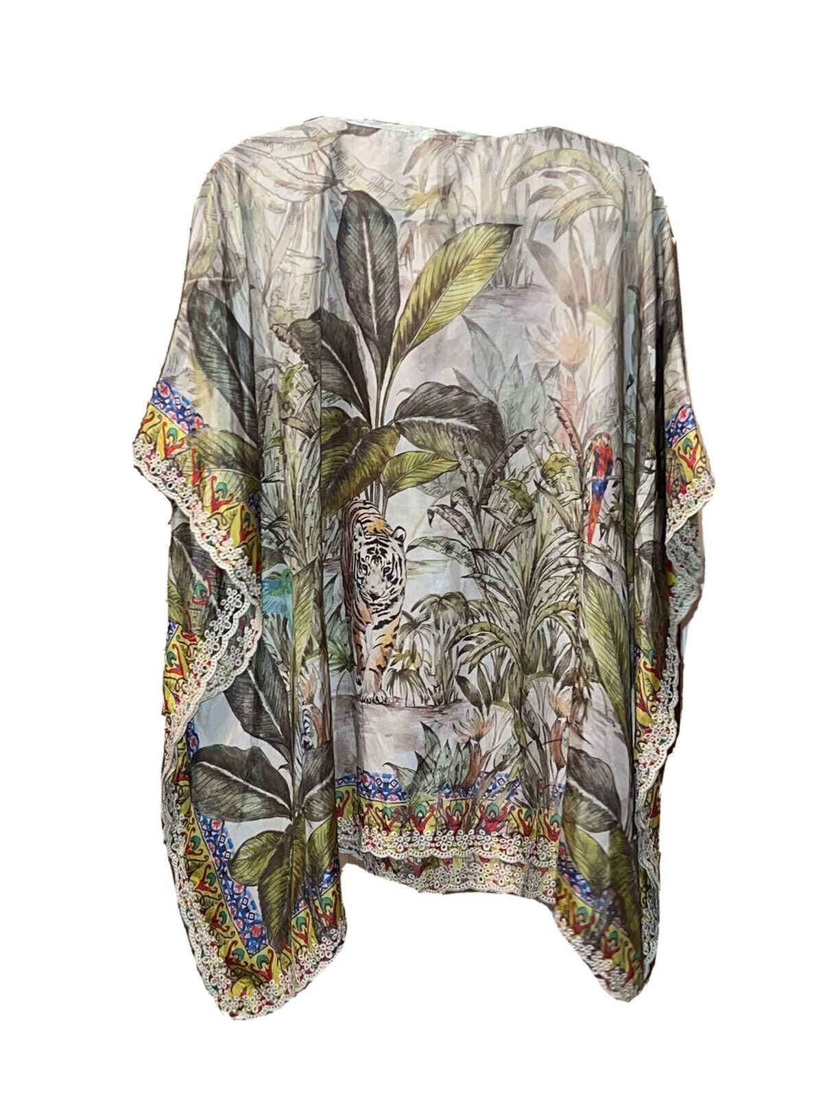 Johnny Was 100% Silk O/S Plus Cover Up Kaftan Kimono Tunic Top Tassels