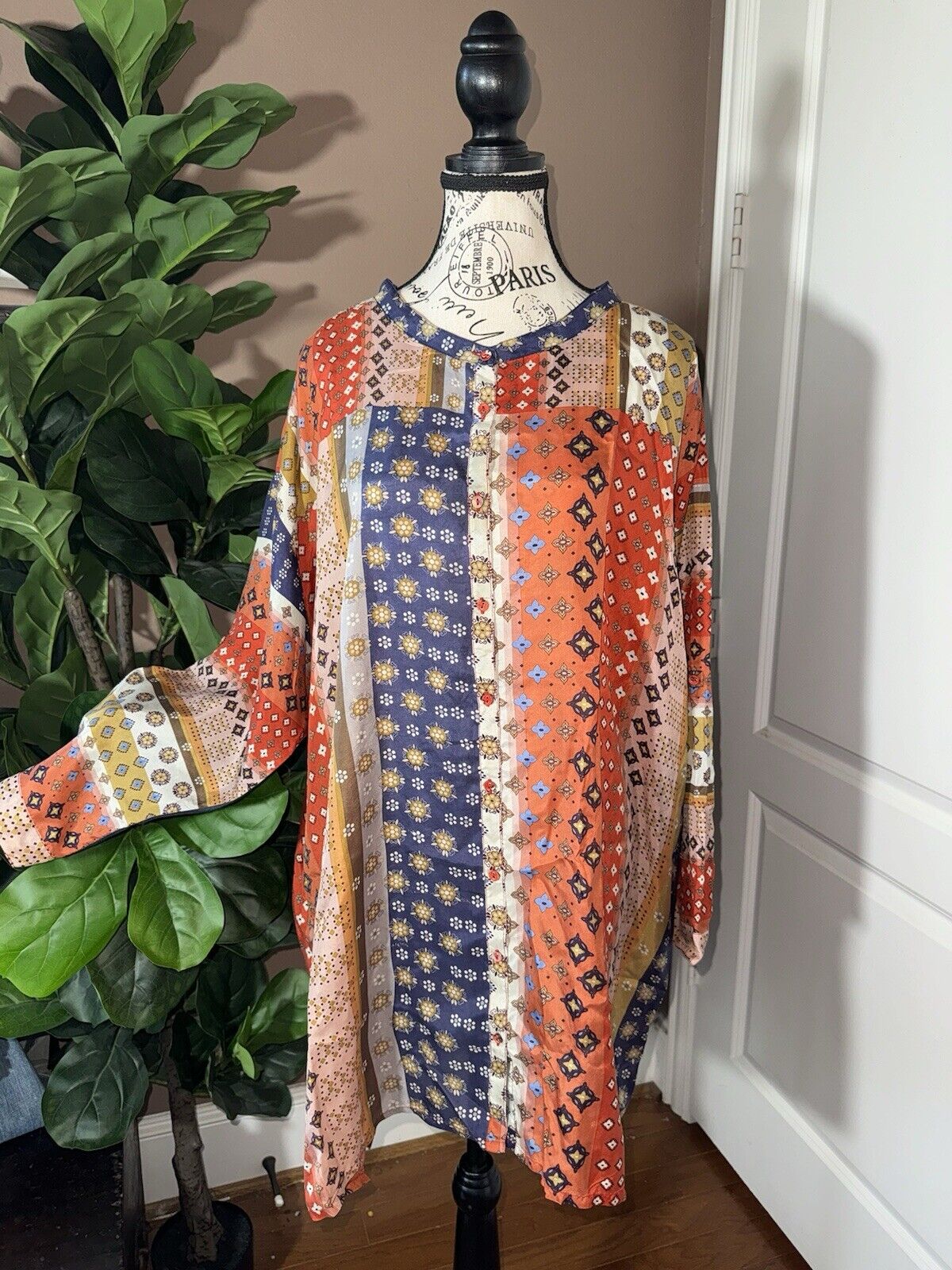 Johnny Was 3X 3XL 100% Silk Tunic Top Kimono Sleeves Button Up