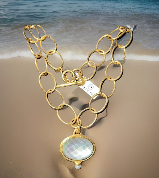 Julie Vos Statement Necklace Iridescent White Pendant 24k Plate Toggle Link Julie Vos