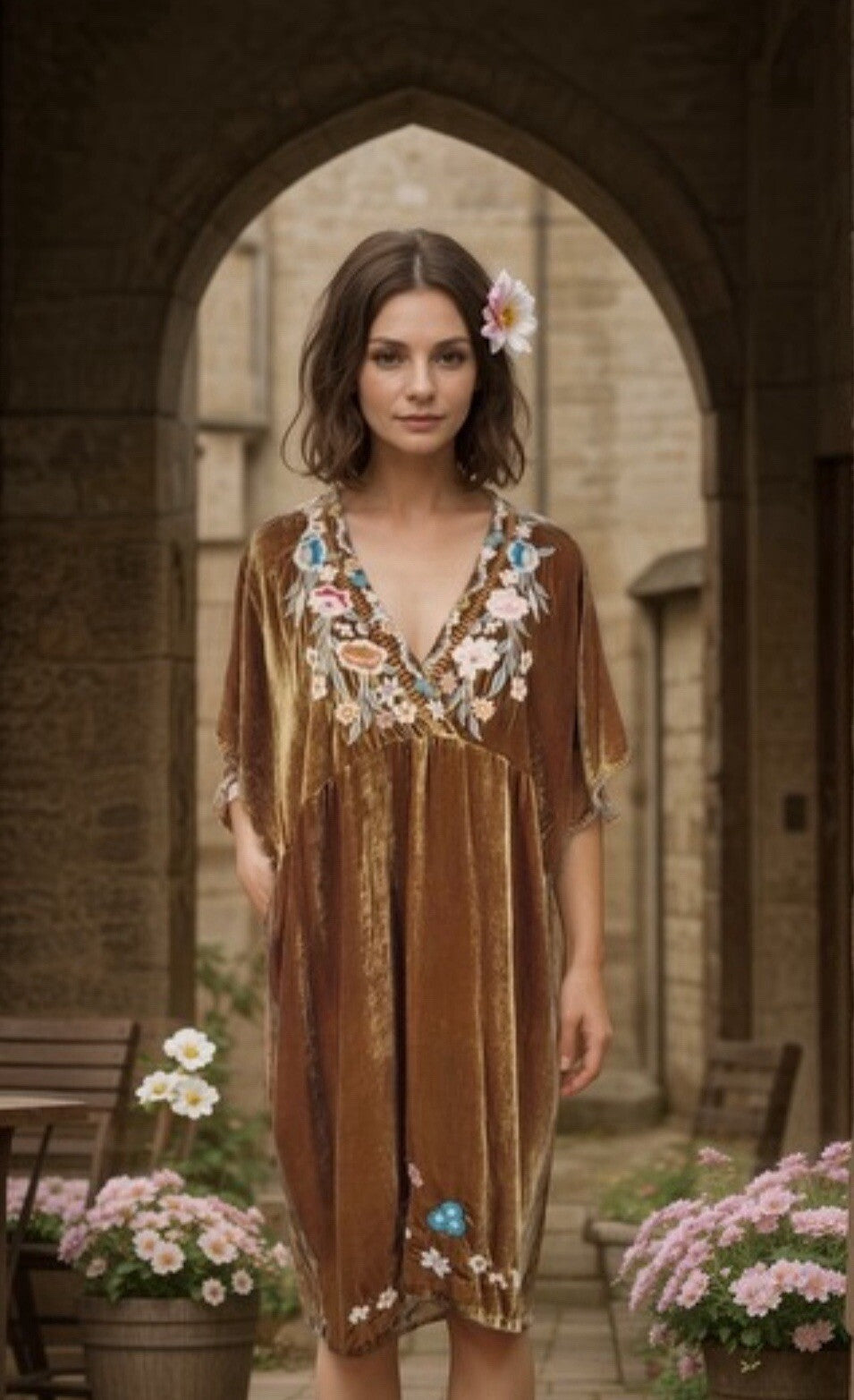 Johnny Was L Golden Velvet Embroidered Mini Dress Tunic Shift Top Babydoll LUXE Johnny Was