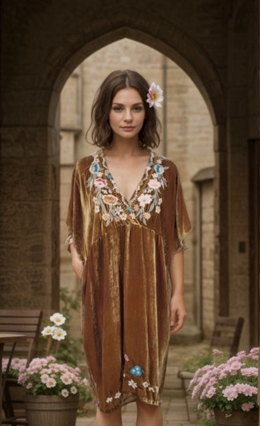 Johnny Was L Golden Velvet Embroidered Mini Dress Tunic Shift Top Babydoll LUXE Johnny Was