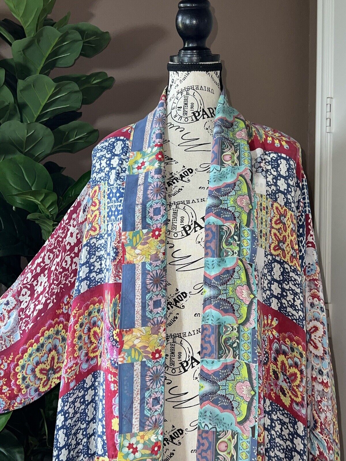 Johnny Was Silky Kimono XXL 2XL 2X Red & Blue Floral Patchwork W/ Pockets SOFT