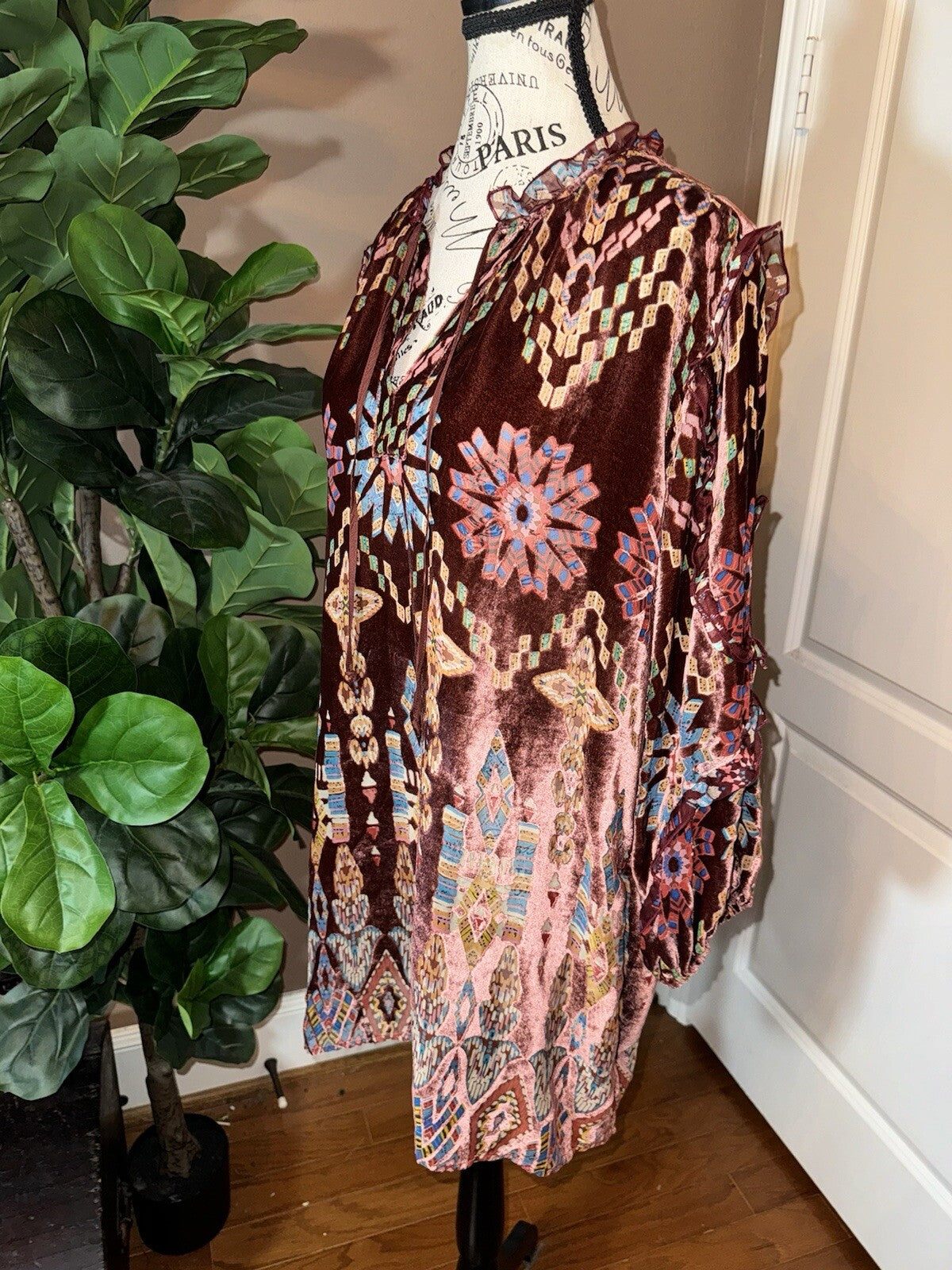 Johnny Was Brick Red Geometric Burnout Velvet Tunic Top L Large Peasant Johnny Was