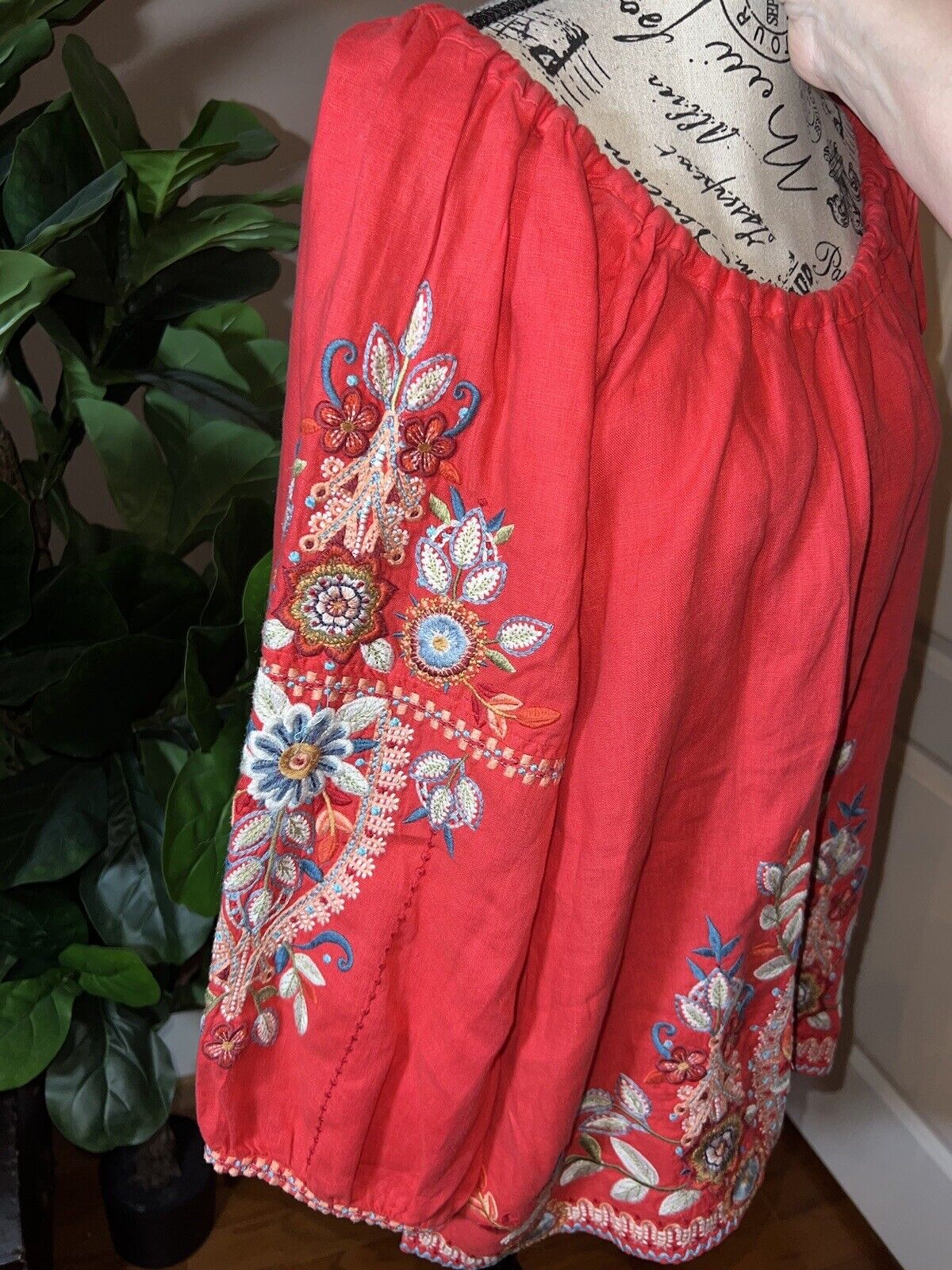 Johnny Was XL 1X 1XL Linen Kimono Sleeve Peasant Top Floral Embroidered