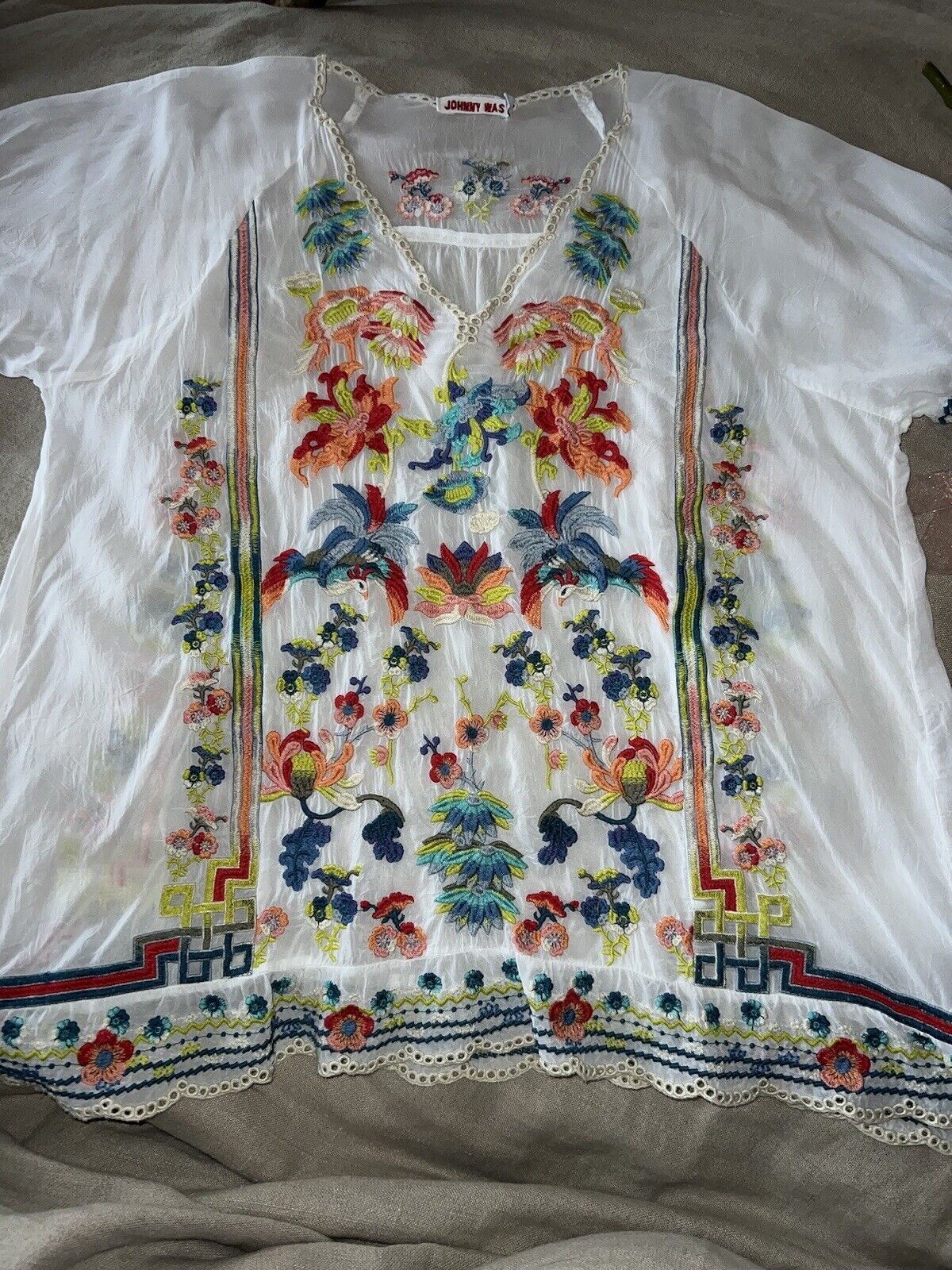 Johnny Was Silky White Embroidered Peasant Blouse Top Tunic L Large