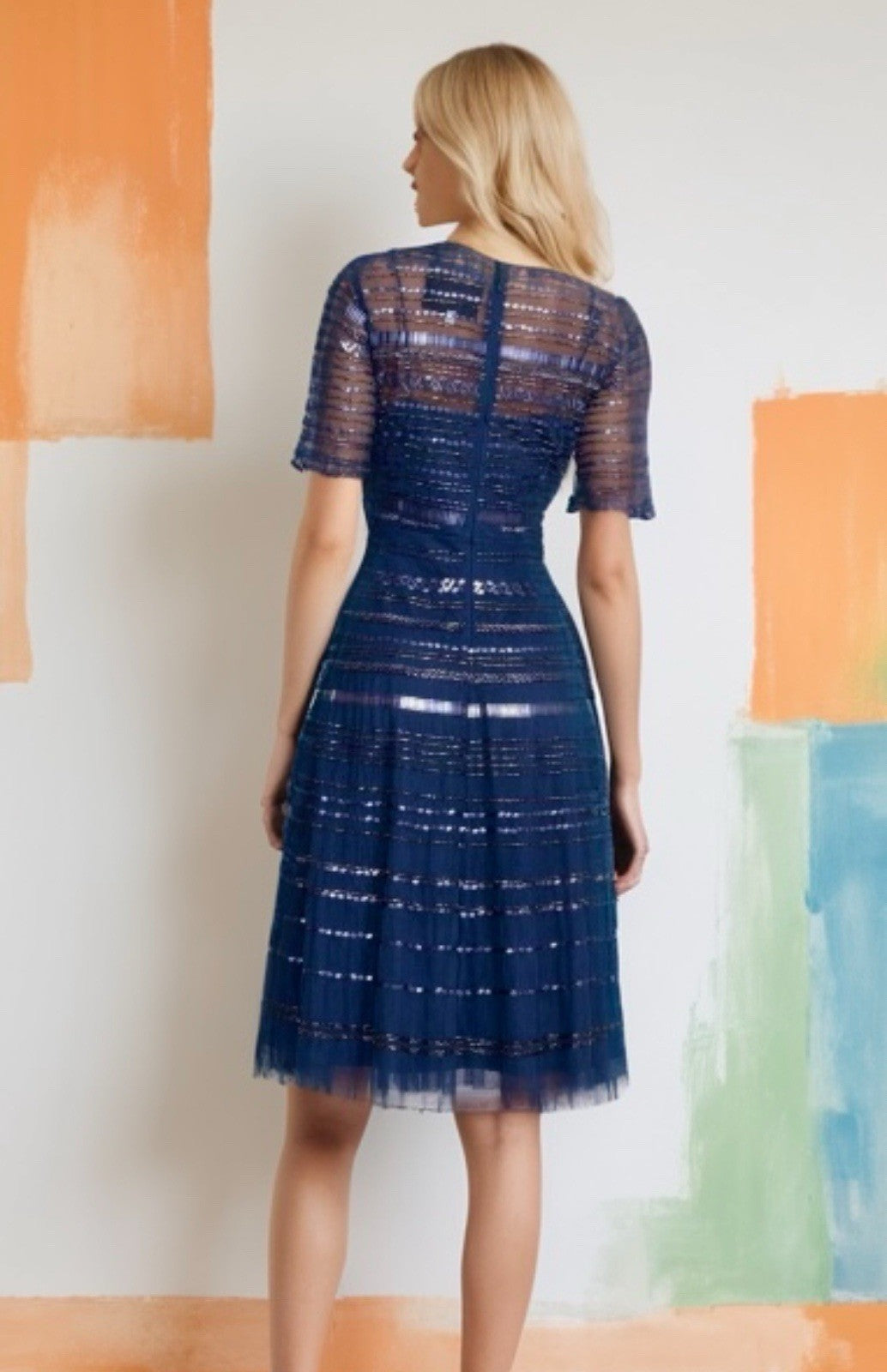 Johnny Was Sz 14 Blue Beaded Mesh Cocktail Party Dress $625 Retail Blk Label Johnny Was