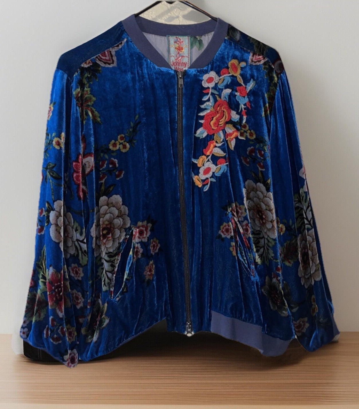 Johnny Was L Blue Velvet Bomber Jacket Flight Coat Floral Lightweight Warm Soft Johnny Was