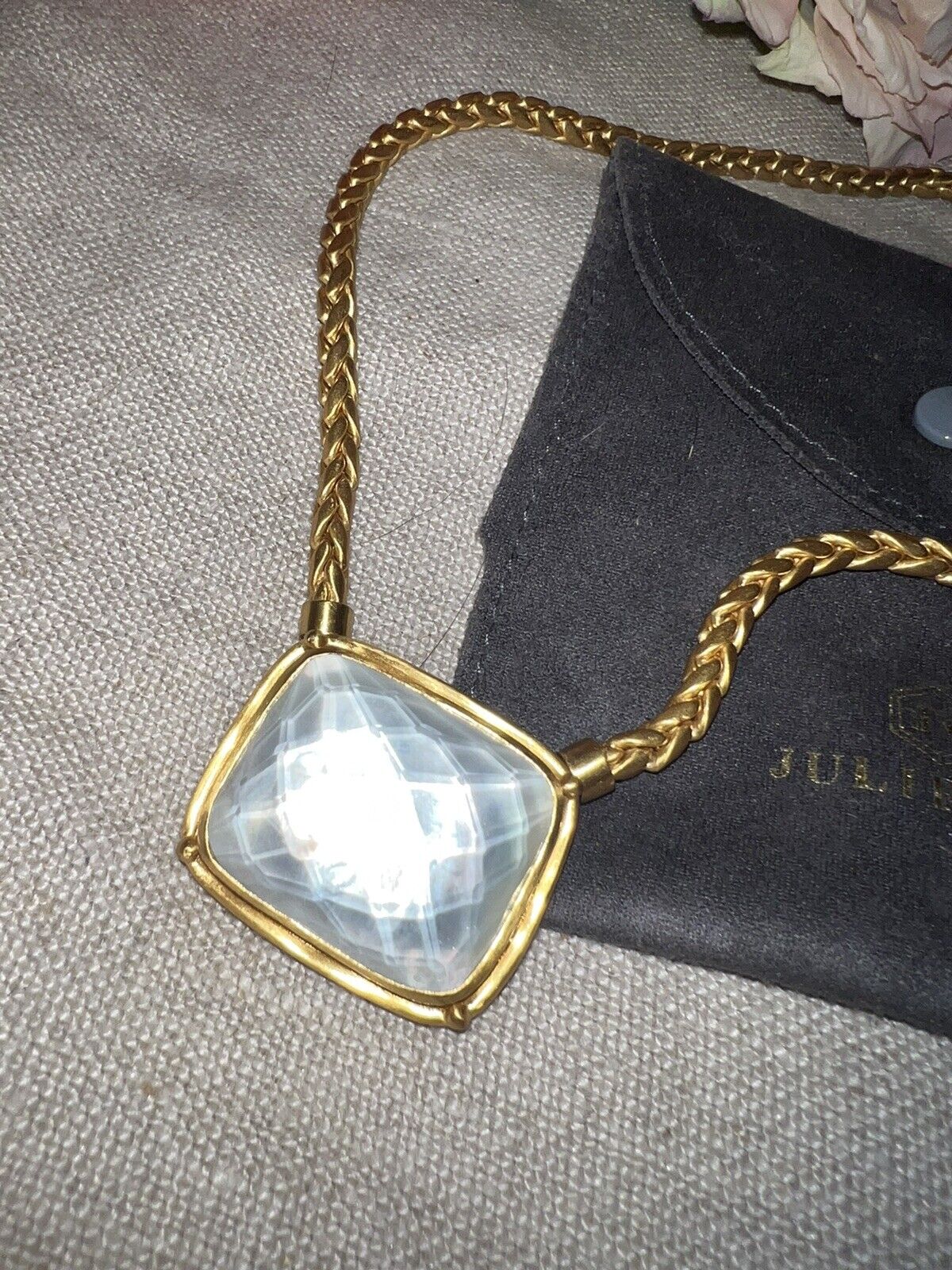 Julie Vos White/Clear Iridescent Pendant 24k Gold Plate Chain Necklace