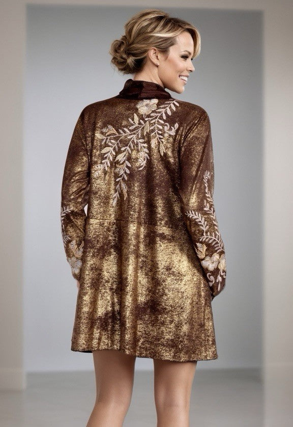 Johnny Was 2X Plus Gold & Brown Metallic Jacket Coat Wrap Sweater BOHO Johnny Was