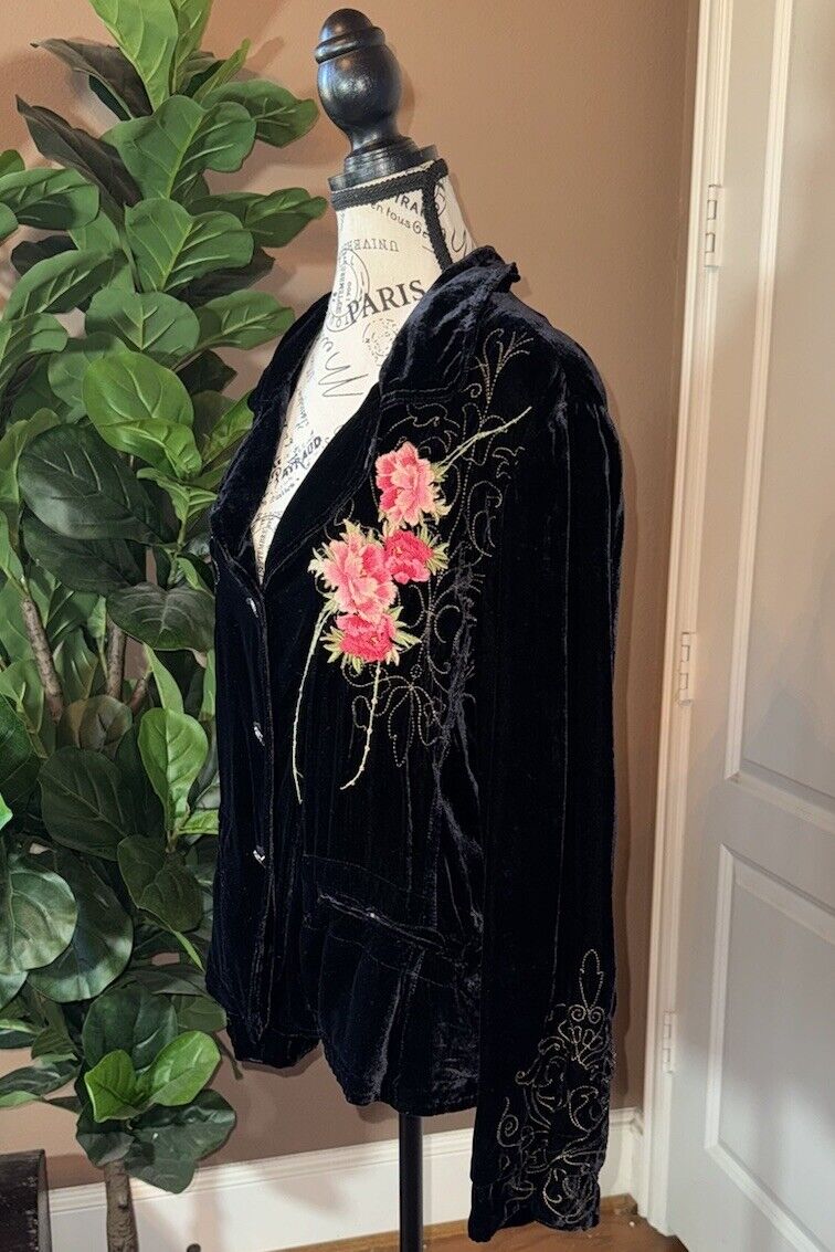 Johnny Was XL Black Velvet Jacket Coat Blazer Silk Lined Embroidered Kimono