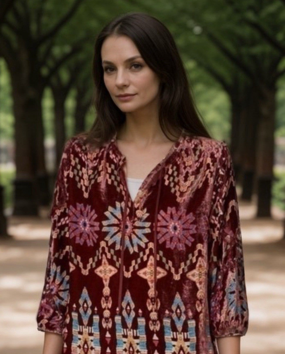 Johnny Was Brick Red Geometric Burnout Velvet Tunic Top L Large Peasant Johnny Was
