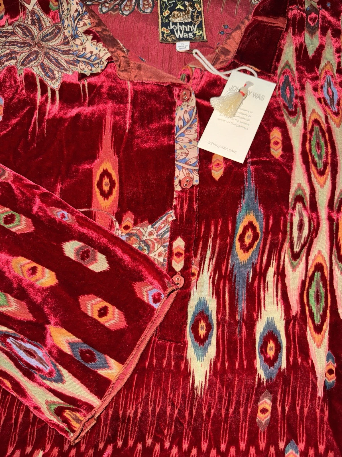 Johnny Was XL Red Burnout Velvet & Silk Button Up Blouse Tunic Top Shirt Johnny Was