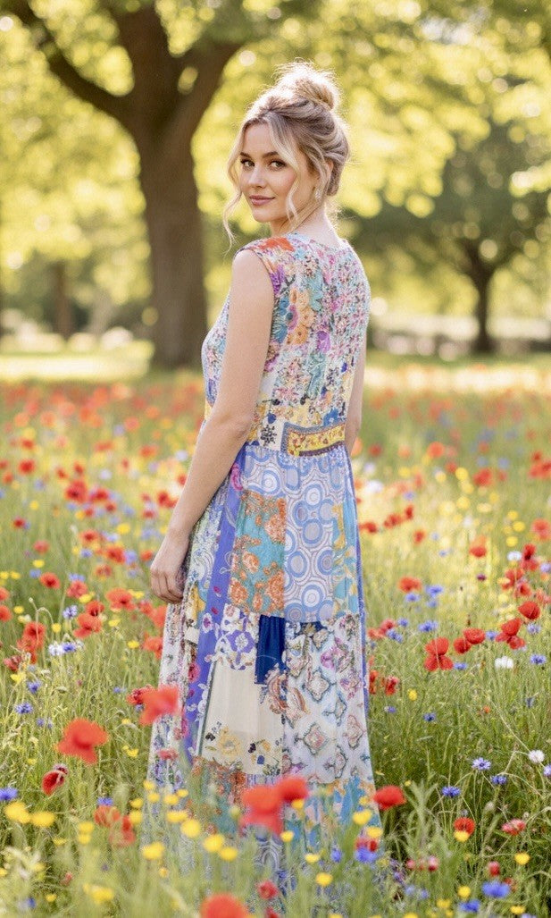 Johnny Was 1XL 1X Maxi Dress Sleeveless Patchwork Floral Pattern Tassel BOHO Johnny Was