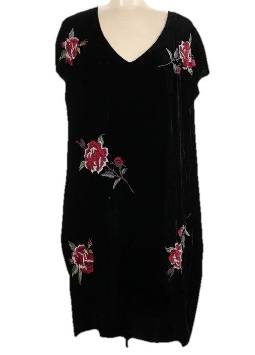 Johnny Was L Black & Pink Velvet Shift Mini Dress Embroidered Floral Tunic Top Johnny Was