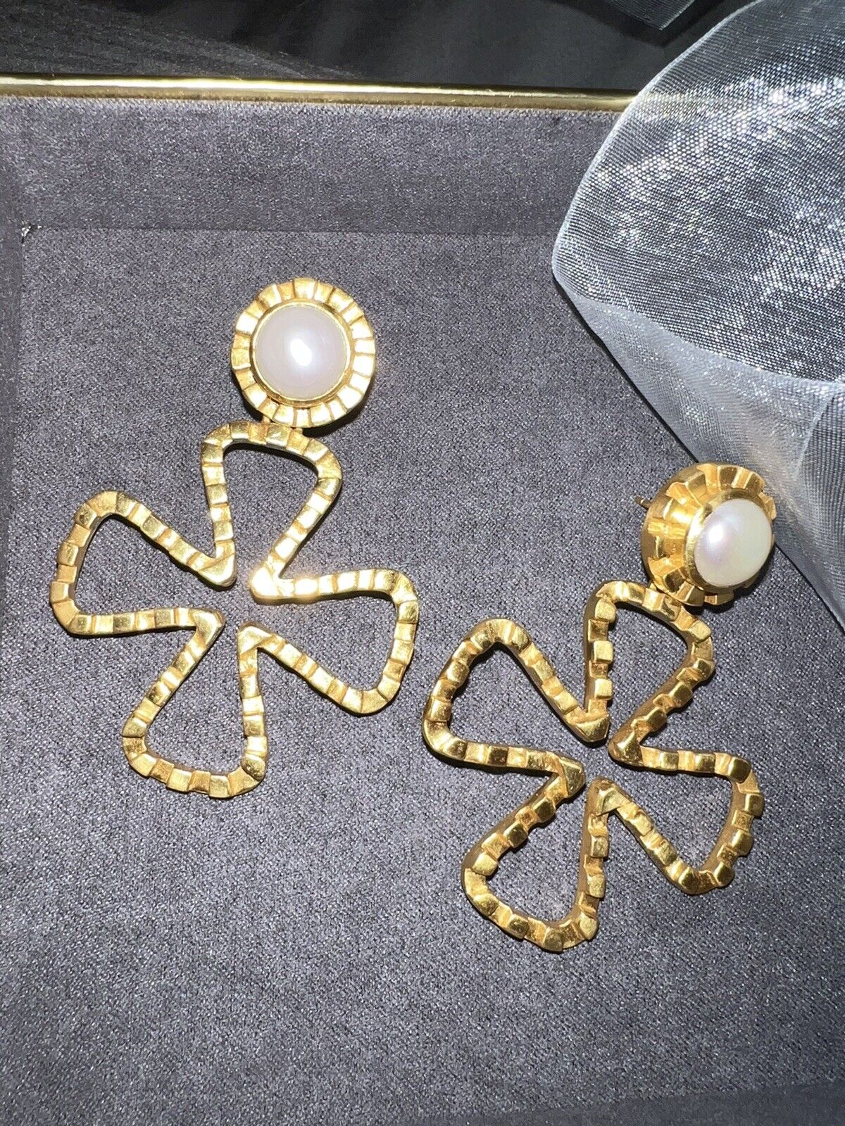 Julie Vos 24k Gold Plate & Pearl Cross Statement Earrings WOW