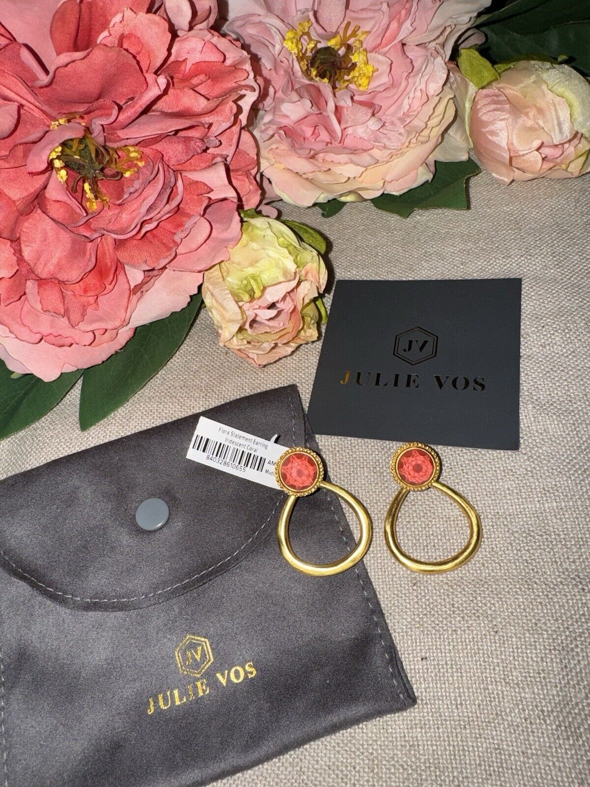 Julie Vos Iridescent Coral Hanging Hoops 24k Gold Plated Earrings