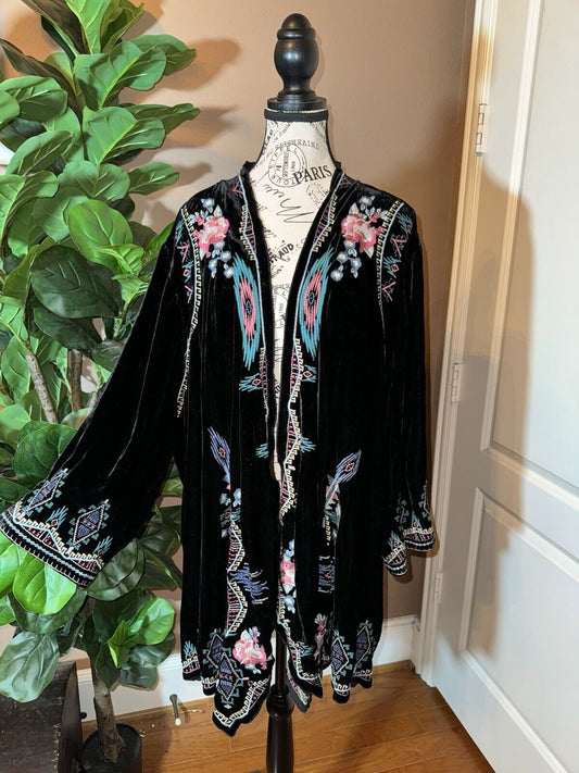 Johnny Was Black Velvet Sz 1X 1XL Kimono Wrap Duster Jacket Coat Embroidered