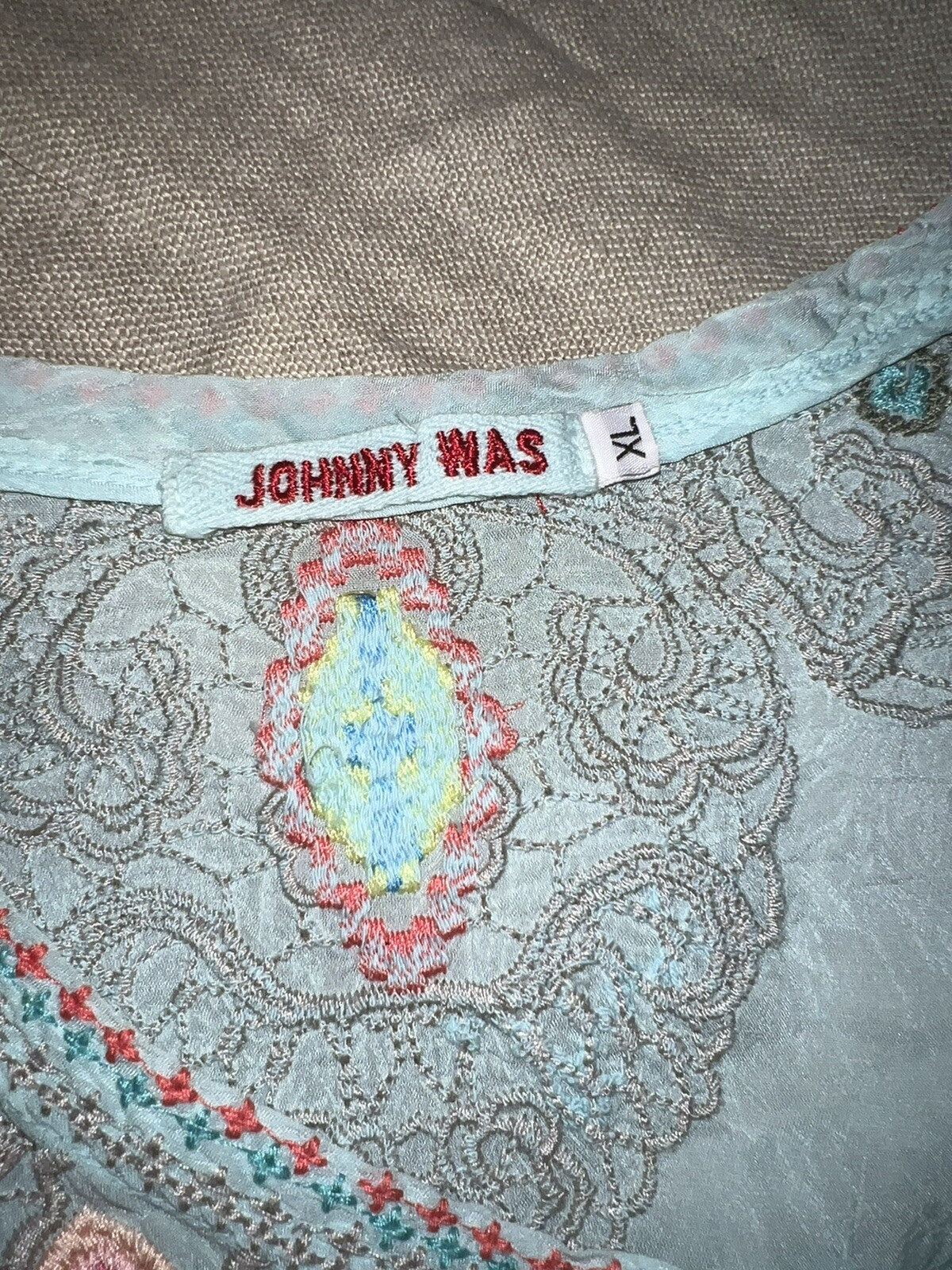 Johnny Was XL Baby Blue Tunic Top Cool Lightweight Silky Soft BOHO Embroidery Johnny Was