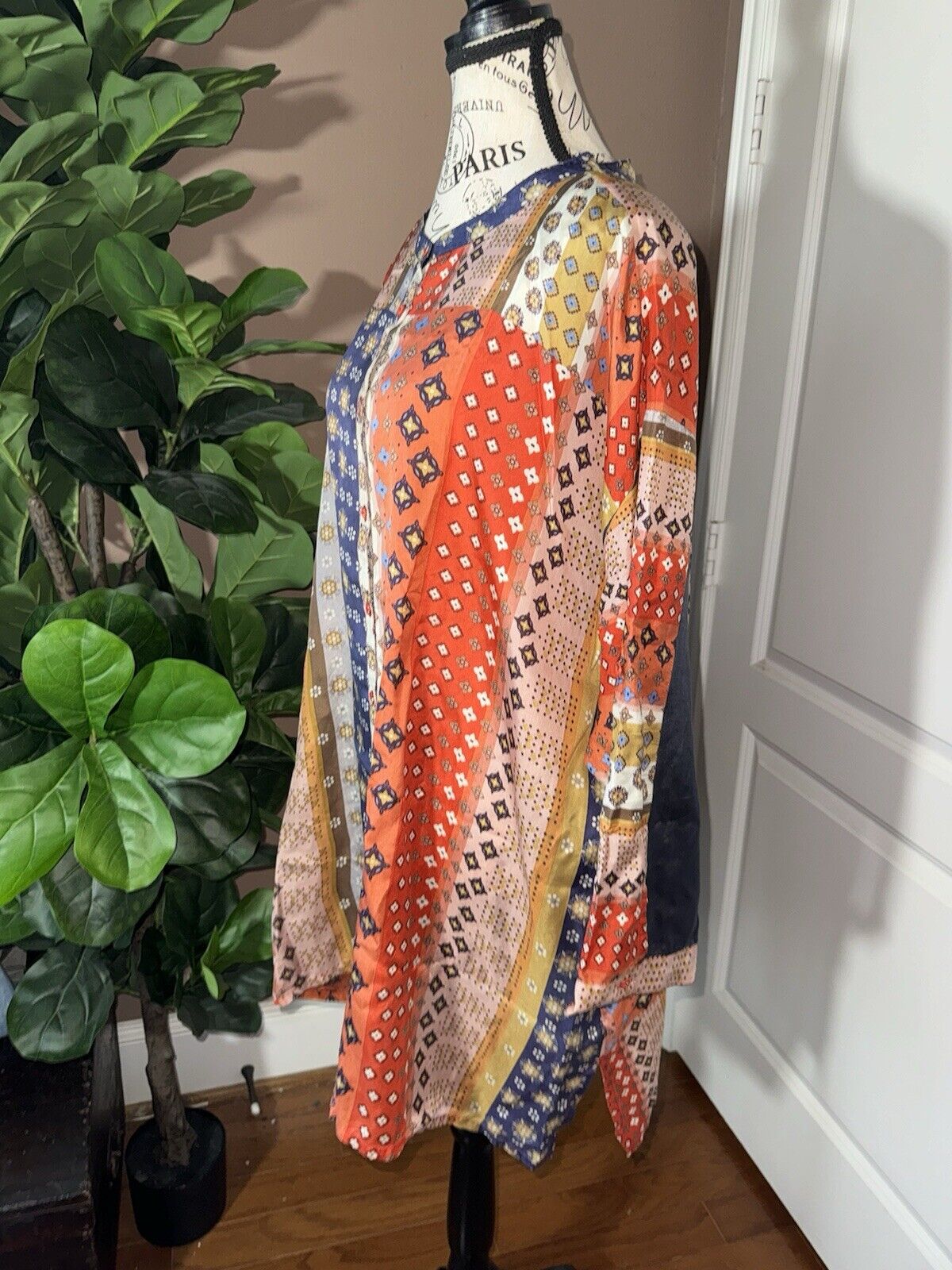 Johnny Was 3X 3XL 100% Silk Tunic Top Kimono Sleeves Button Up