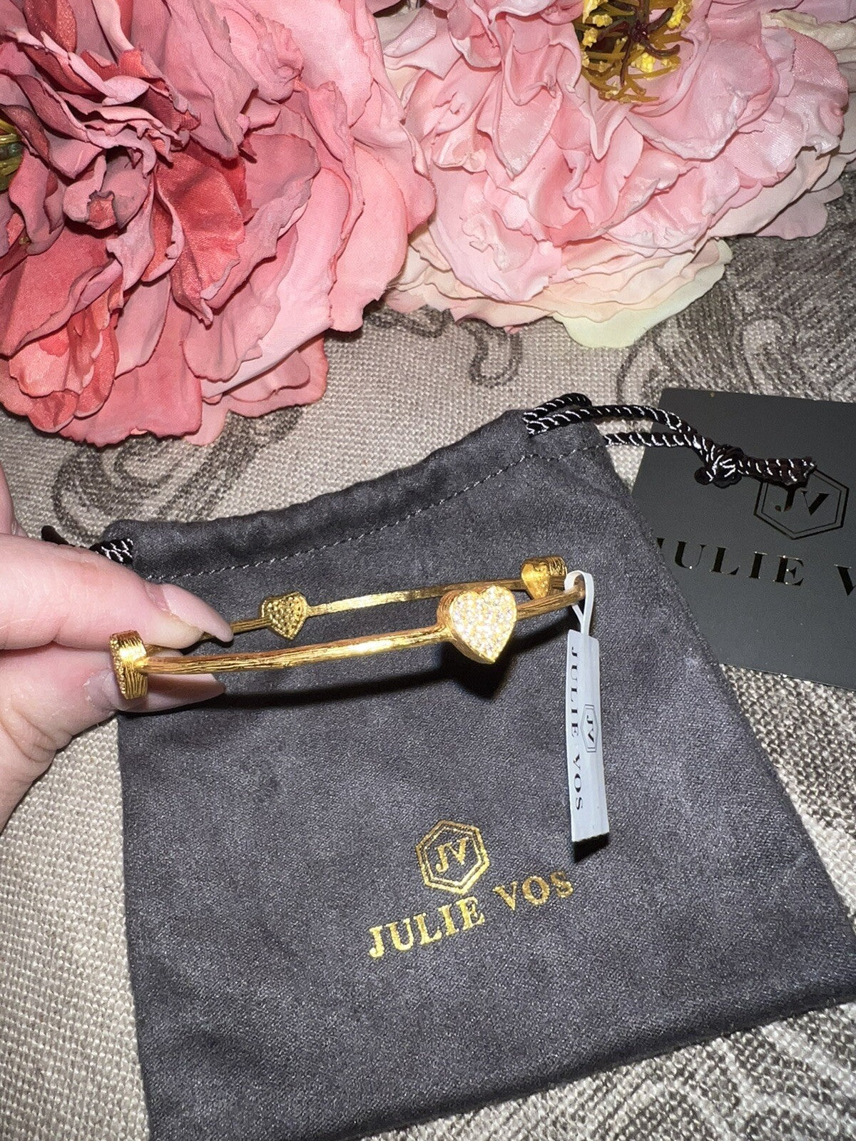 Julie Vos Clear CZ Four Station Pave Heart Bangle Bracelet 24k Plated Julie Vos